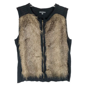 Adrianna Papell Small Vest Faux Fur Front Knit Black Back Crew Neck Full Zip 241